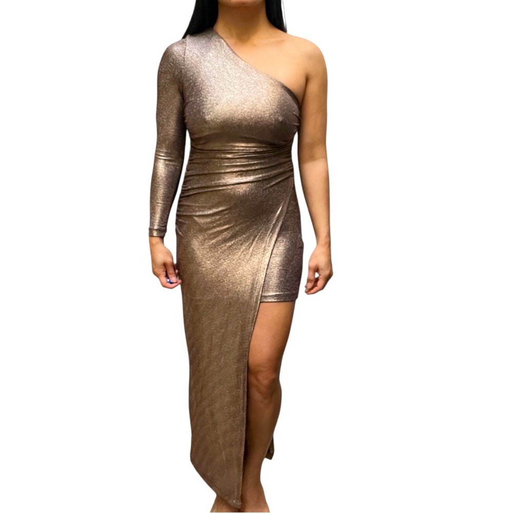 NWT Zara Women’s High Slit One Sleeve Dress, Metallic Bronze, size Small